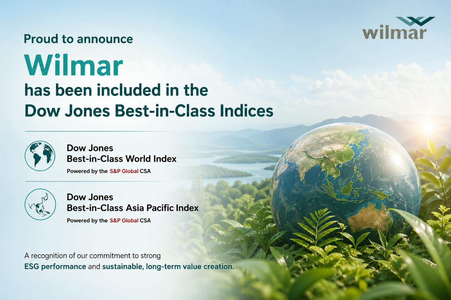 Wilmar extends sustainability leadership with fifth consecutive inclusion in Dow Jones Best-in-Class World Index