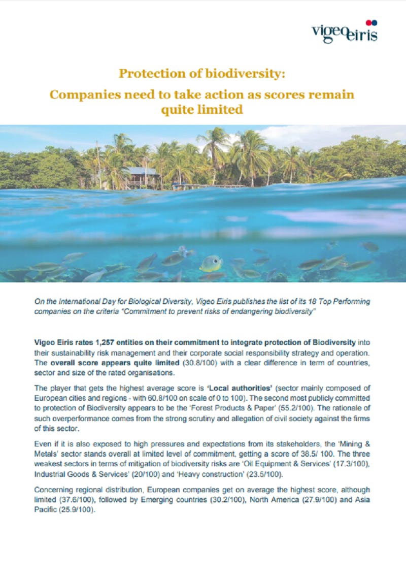 New Vigeo Eiris report l Protection of biodiversity: Companies need to take action as scores remain quite limited
