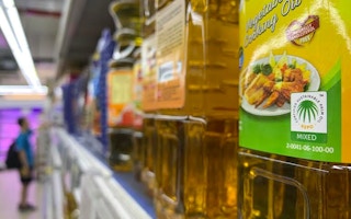 The RSPO logo on Cabbage brand vegetable oil in NTUC Fairprice supermarket in Singapore.