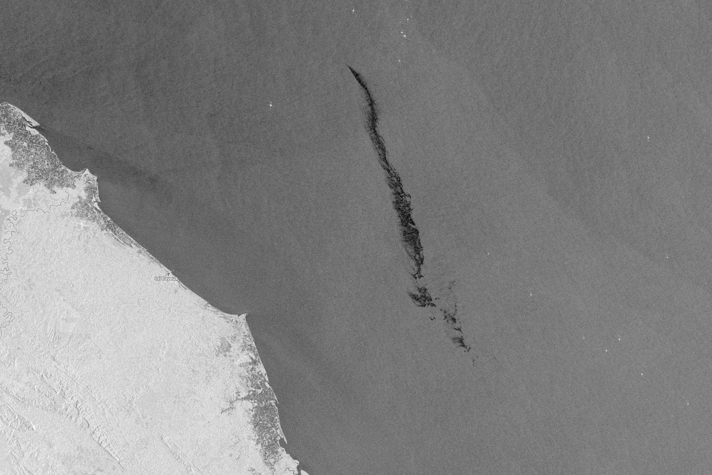 An oil spill spotted off the coast of Idy Rayeuk, Aceh, Sumatra. Orbital EOS