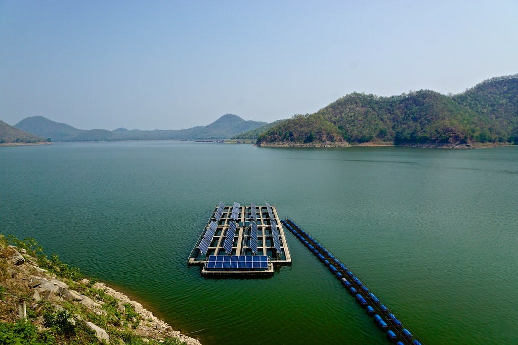array of solar panels on Srinakarin Lake in Kanchanaburi Province, Thailand