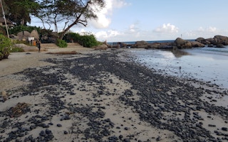 A beach covered in oily clumps in Bintan, Indonesia.