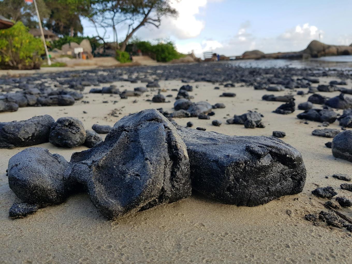 Oil clumps on a beach in the resort island of Bintan, Indonesia, near Singapore.