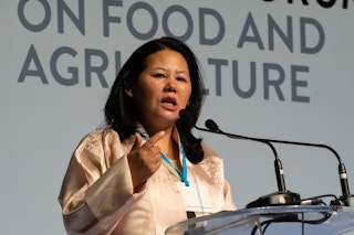 Dechen Tsering talking at the Responsible Business Forum in Thailand