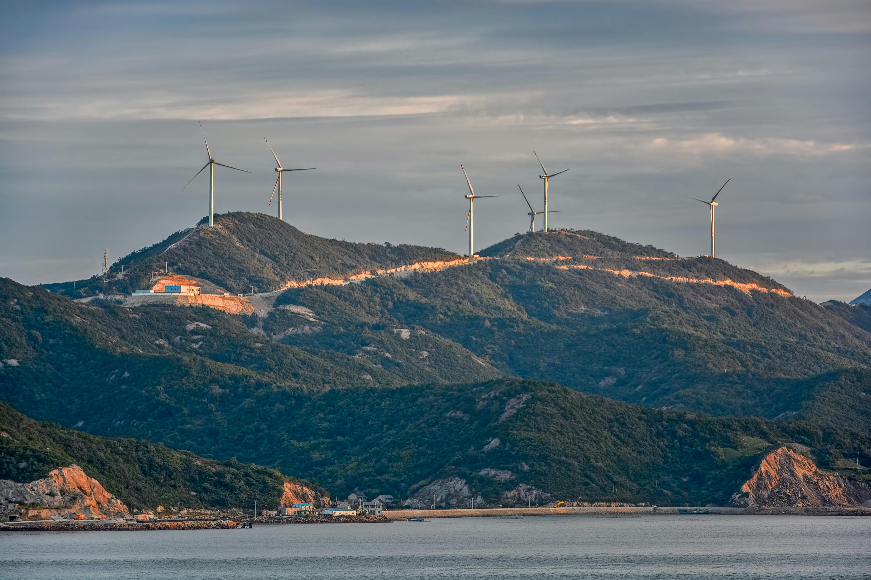 Mountain top wind turbines on China's Jintang Island in Zhejiang Province