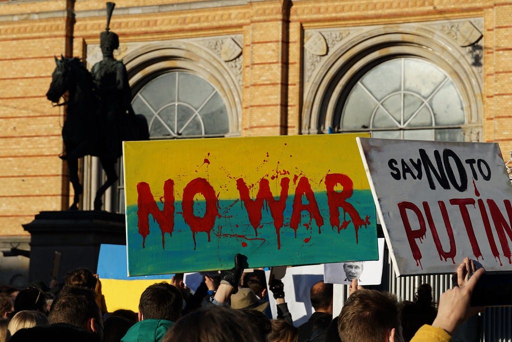 Demonstrators in Hanover, Germany protest against the Russian invasion of Ukraine in February 2022.