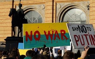 Demonstrators in Hanover, Germany protest against the Russian invasion of Ukraine in February 2022.