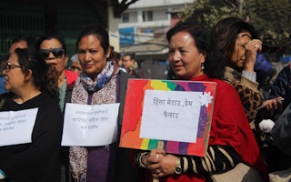 Female activists in a February 2020 protest of violence against women