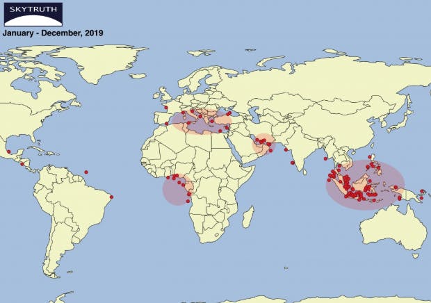 Incidences of suspected bilge dumping globally in 2019. Image: Skytruth