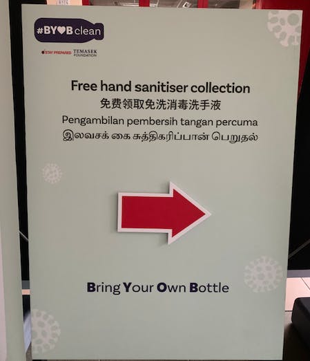 Temasek Foundation's Bring Your Own Bottle free hand sanitiser collection campaign.