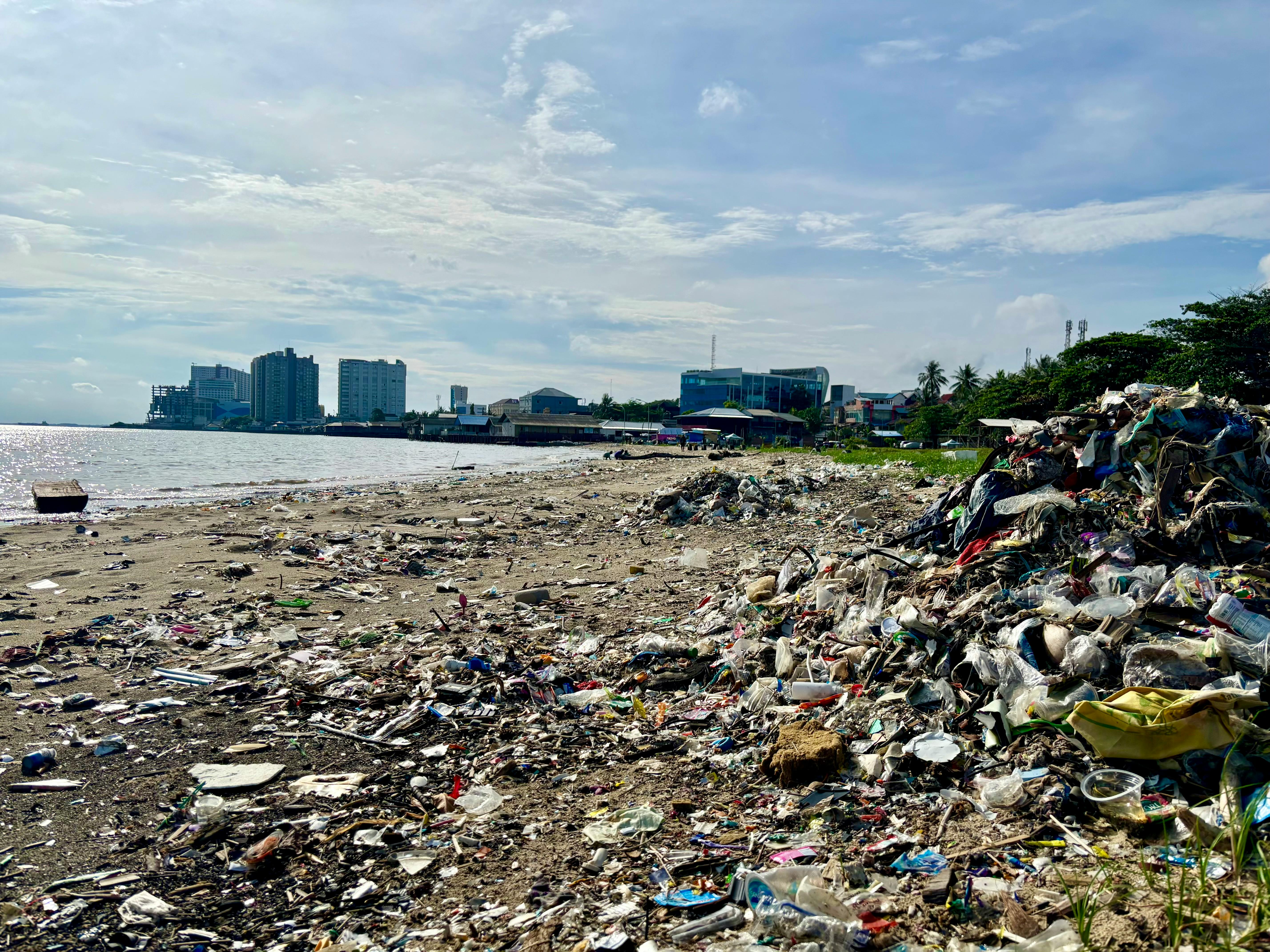 Plastic trash litters a beach in Balikpapan, Kalimantan.