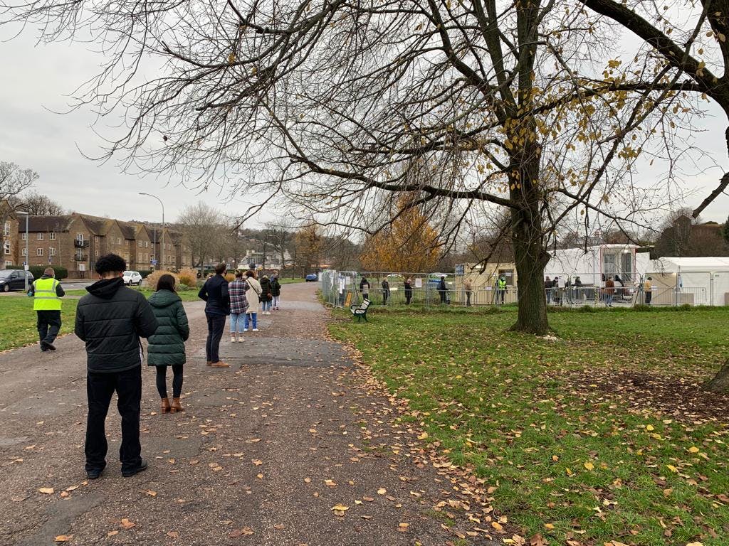 A queue for Covid testing in Brighton, UK.