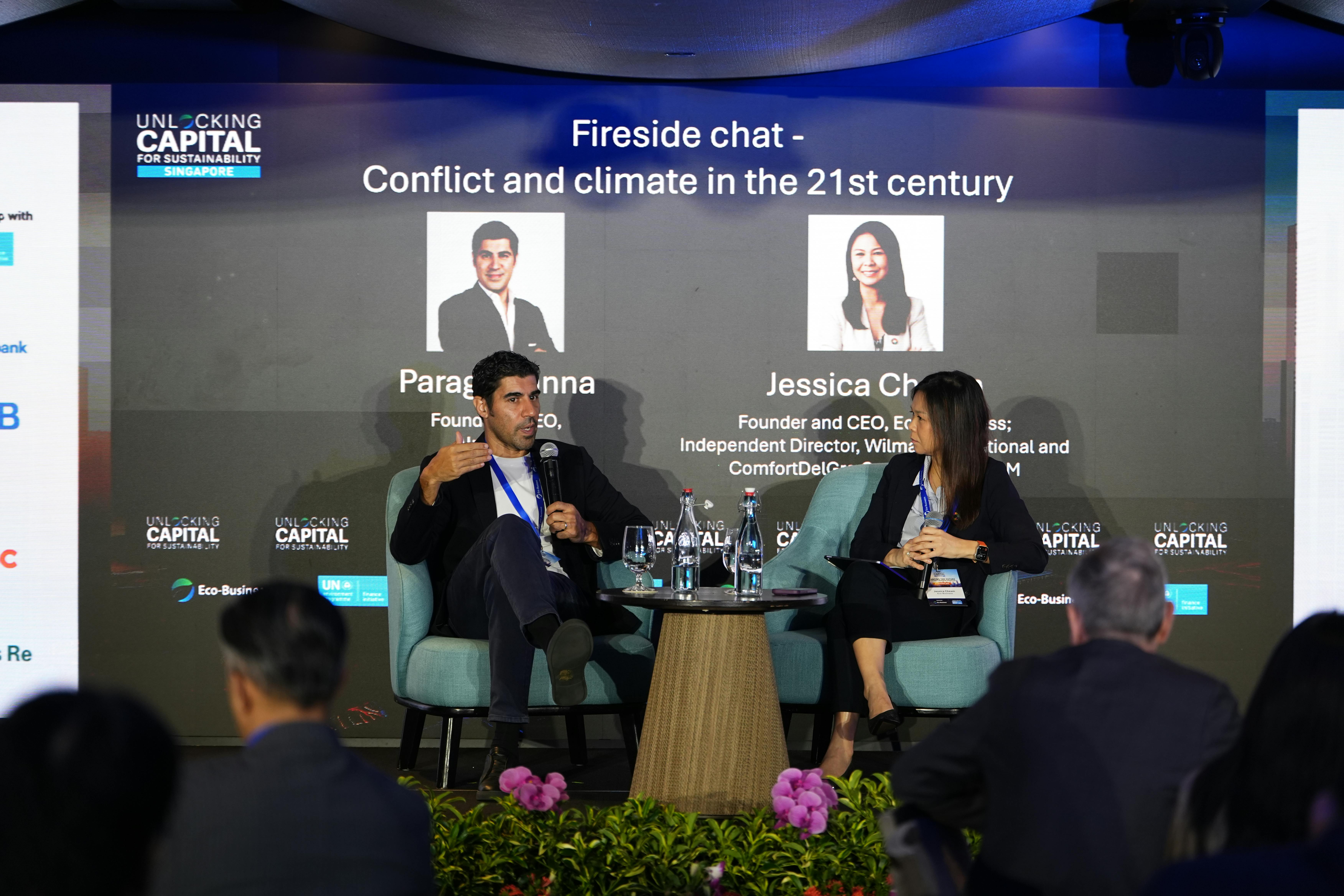 Dr Parag Khanna, founder and CEO, AlphaGeo and Eco-Business founder and CEO, Jessica Cheam