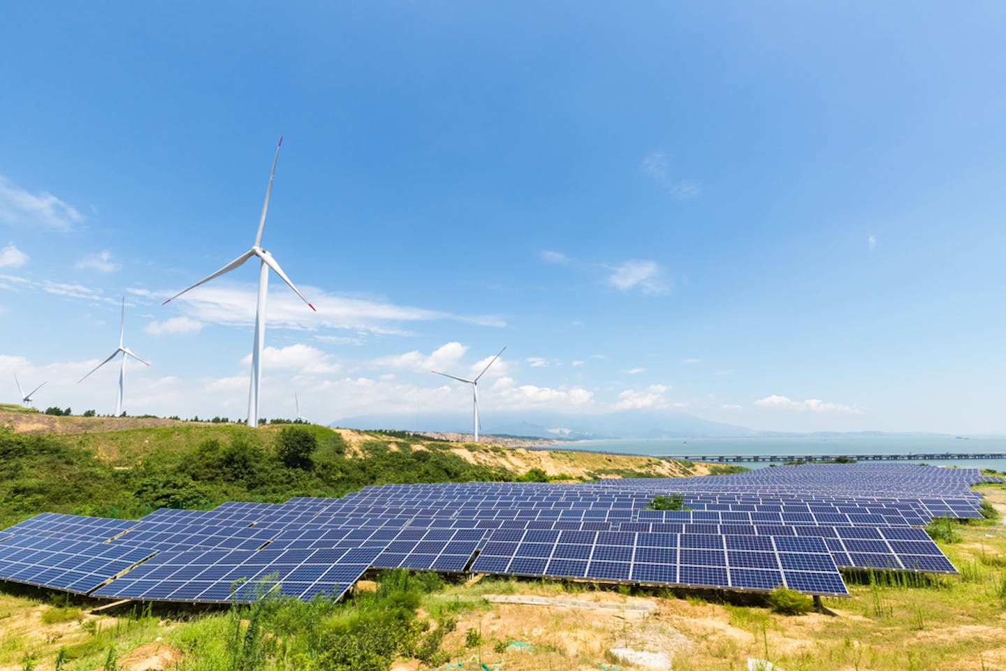 Solar power station and wind farm in Poyang Lake Jiangxi Province, China