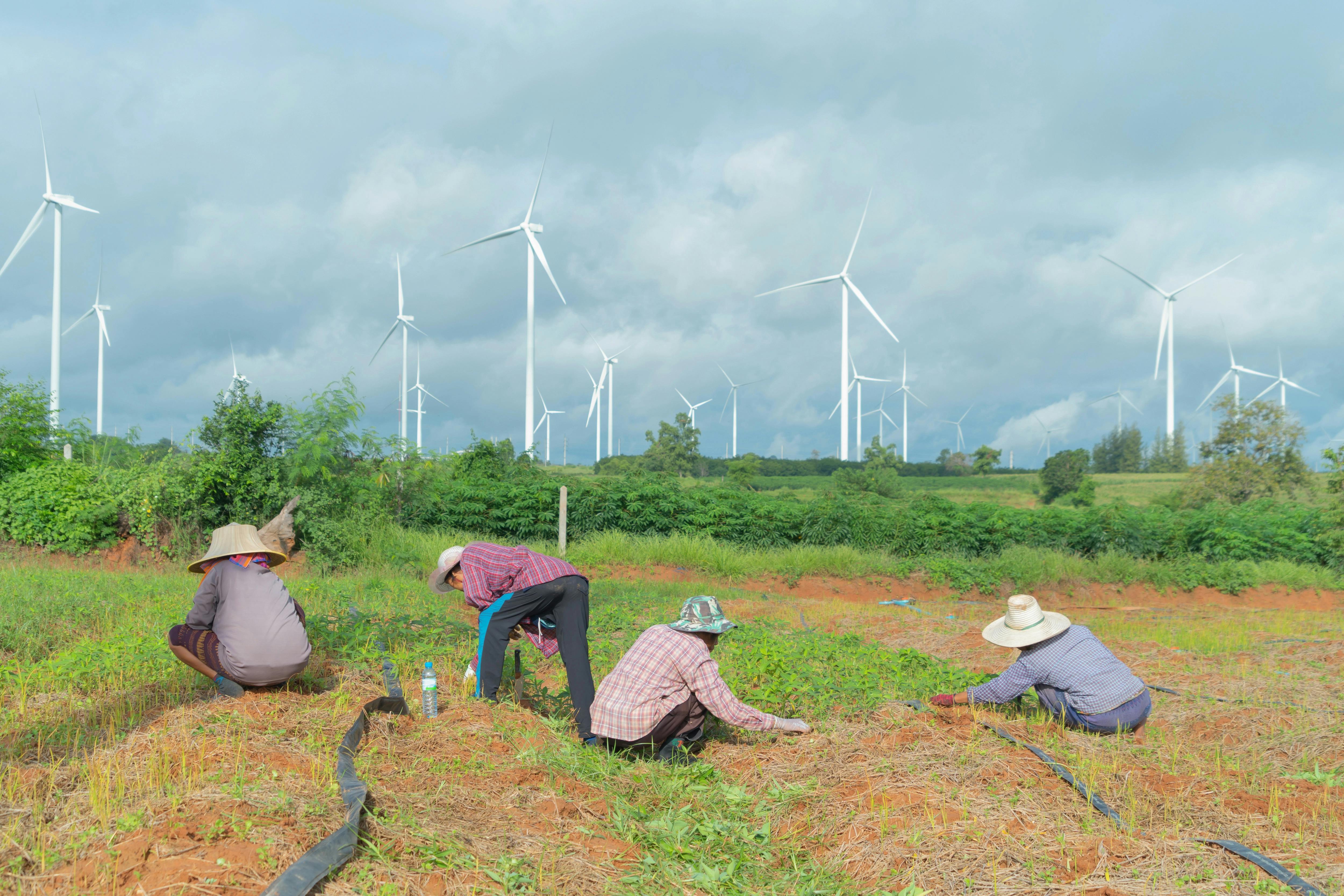 farmers near wind turbines in Asia