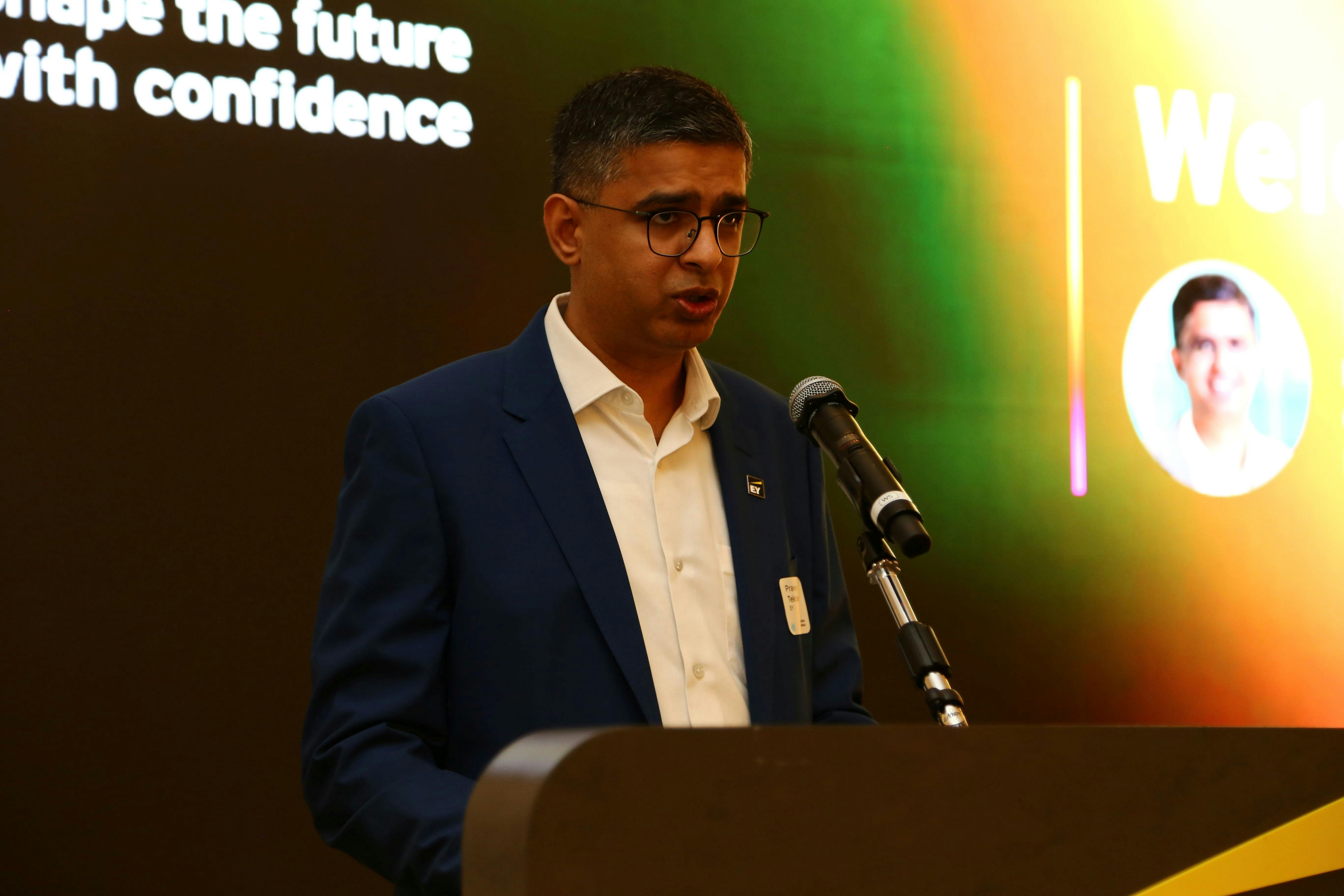 Praveen Tekchandani, EY's Co-leader for Climate Change and Sustainability Services speaks at EY's launch of their Climate Centre of Excellence