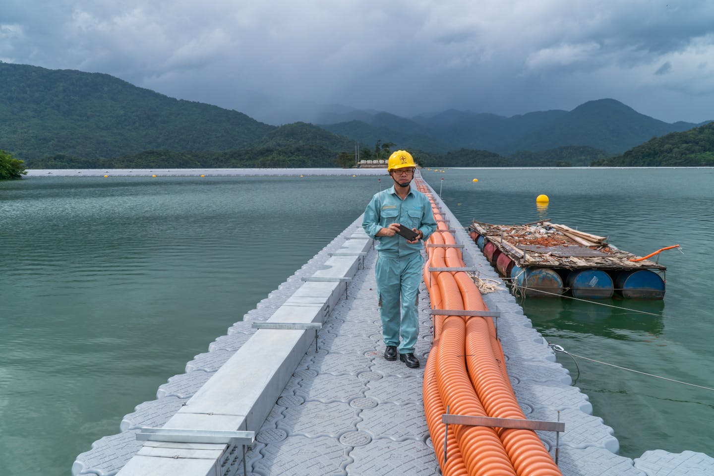 worker floating solar energy project