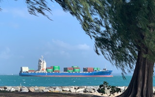 A container ship off the coast of Singapore.