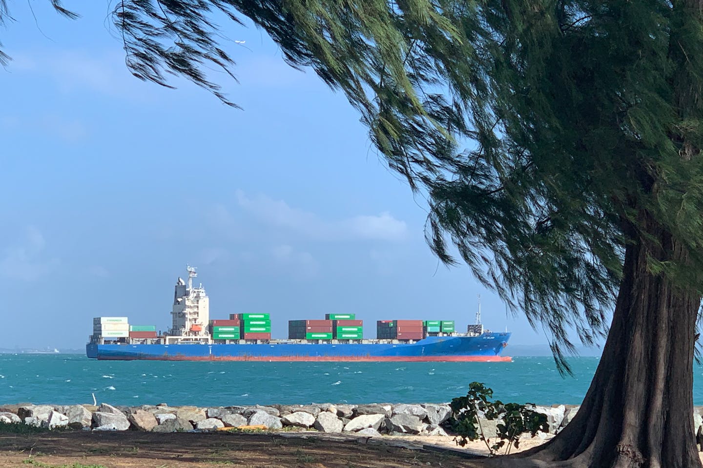 A container ship off the coast of Singapore.