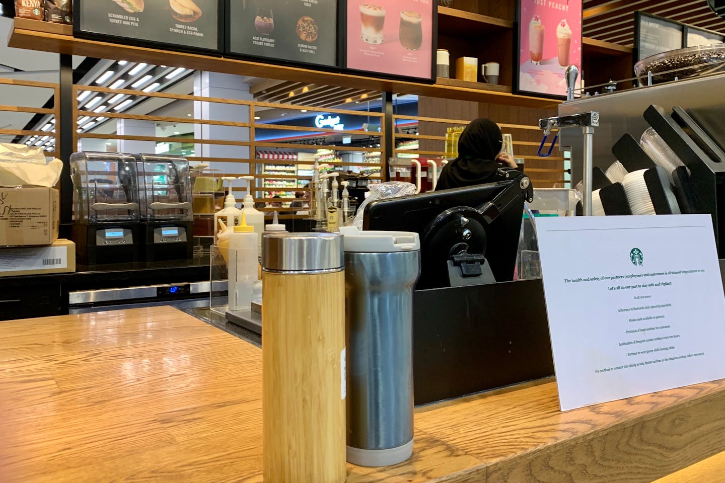 Reuseable drink containers at a Starbucks outlet in Singapore, where BYO is still allowed. Starbucks has banned BYO in some countries, but not in others. Image: Eco-Business