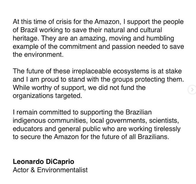 Actor Leonardo DiCaprio's response to Bolsonaro on Instagram
