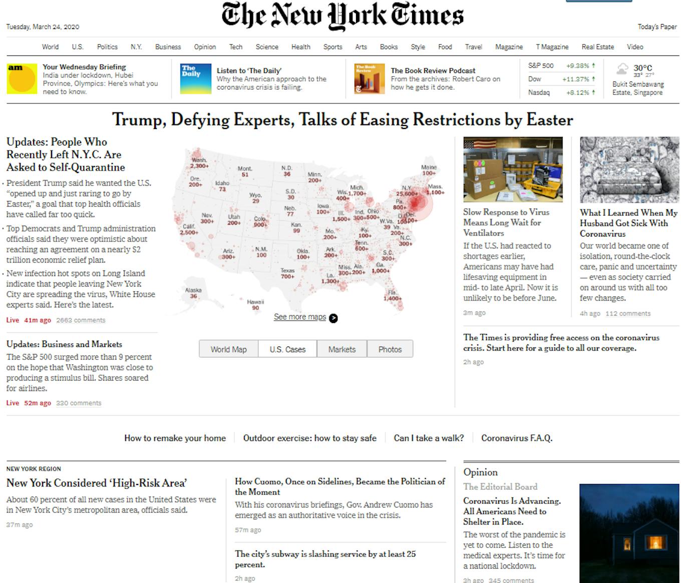 The homepage of nytimes.com on Wednesday 25 March.