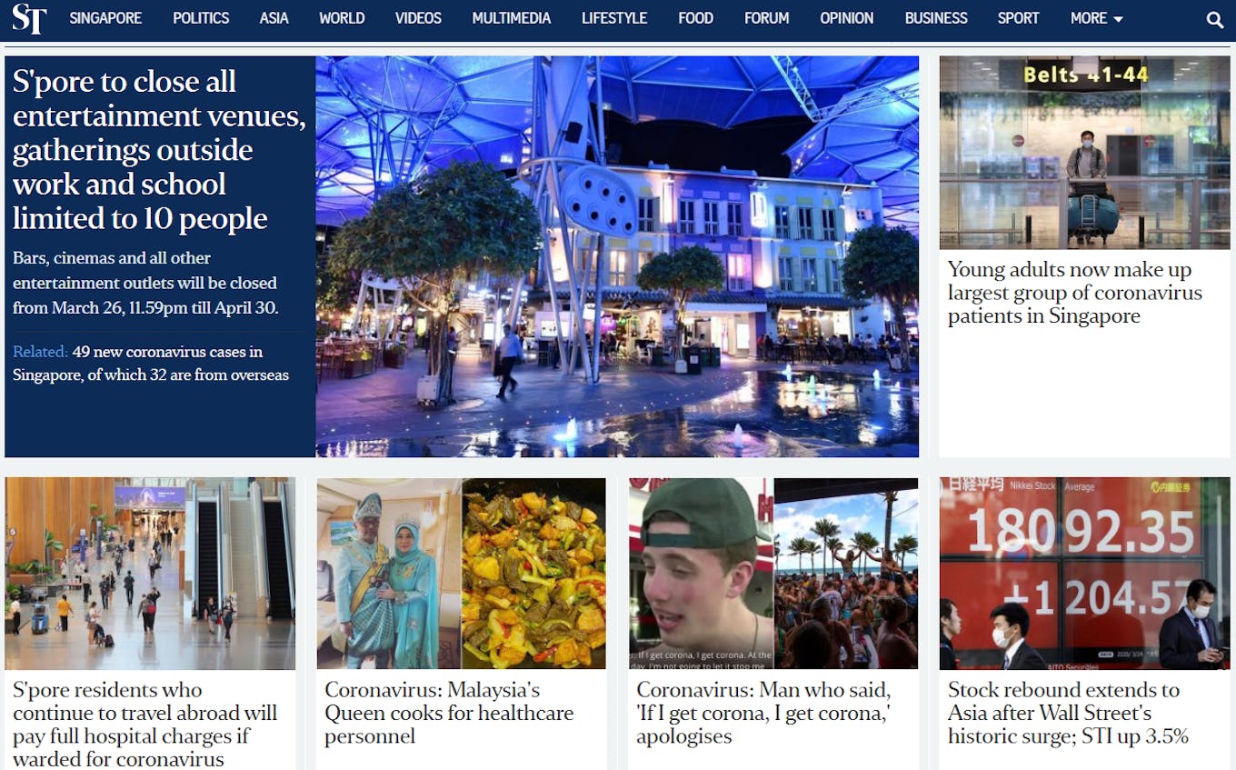 The homepage of The Straits Times' website on Wednesday 25 March. Image: straitstimes.com screengrab