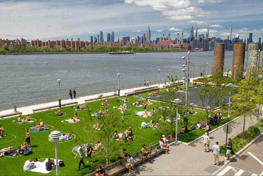 Social distancing circles in Domino Park, Brooklyn, United States. Image: Marcella Winograd/Wunderman Thompson