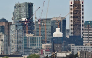 Condominium and office towers are seen under construction in Vancouver, British Columbia, Canada.
