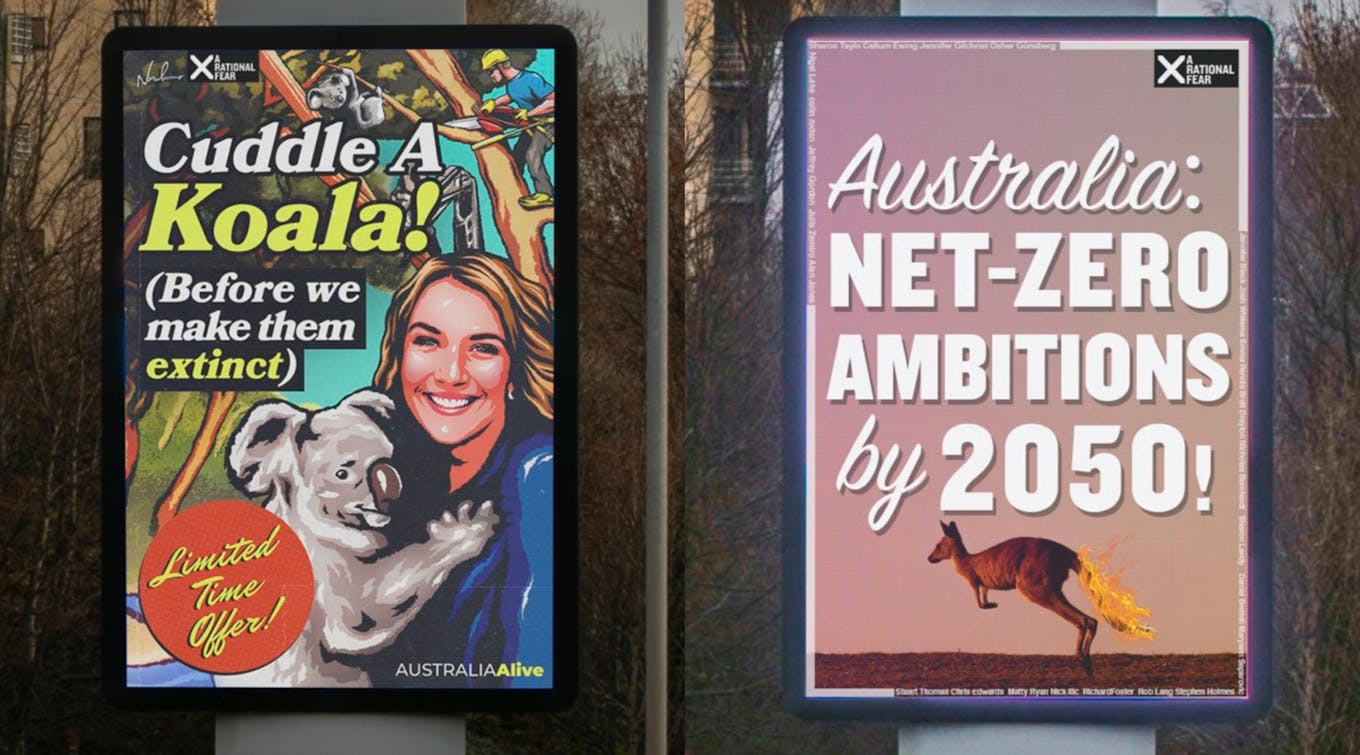 Mock up posters hail Australia's lack of climate ambition. Images: Dan Ilic
