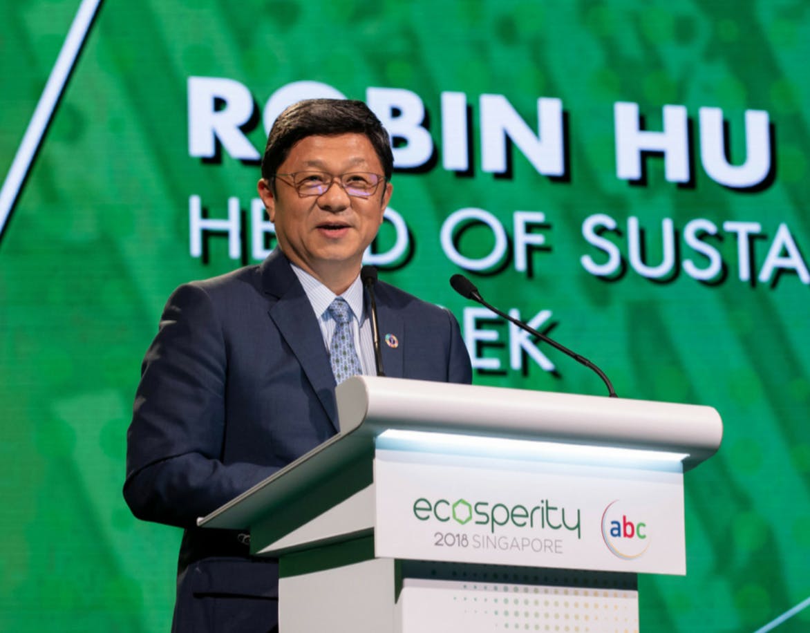 Robin Hu speaking at the Temasek-organised Ecosperity sustainability conference in Singapore in 2019. Image: Temasek