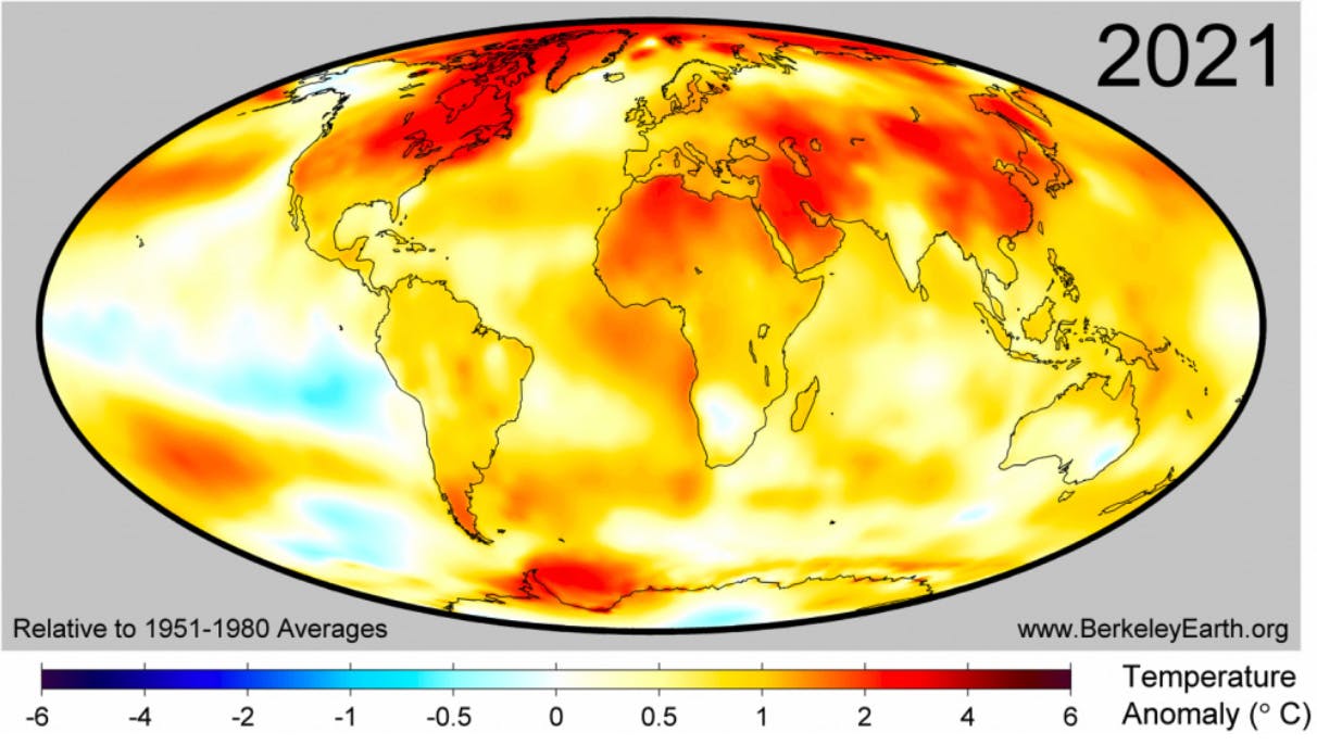Surface temperature anomalies for 2021 from Berkeley Earth