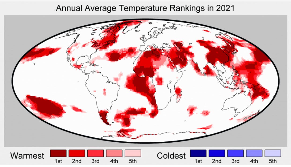 Regions of the world among the five warmest (reds) of five coolest (blues) on record for average annual temperatures in 2021.