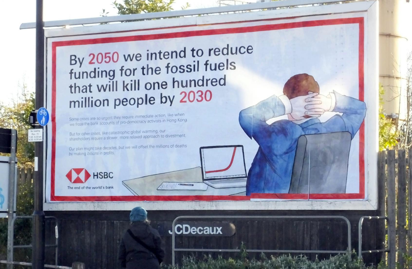 A billboard lampooning HSBC's climate targets