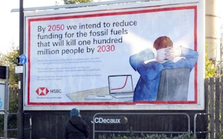 A billboard lampooning HSBC's climate targets