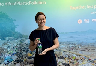 Belinda Ford, VP of public affairs, sustainability and communications for Coca-Cola Southeast Asia, reveals the company's Sprite bottle made from recycled plastic