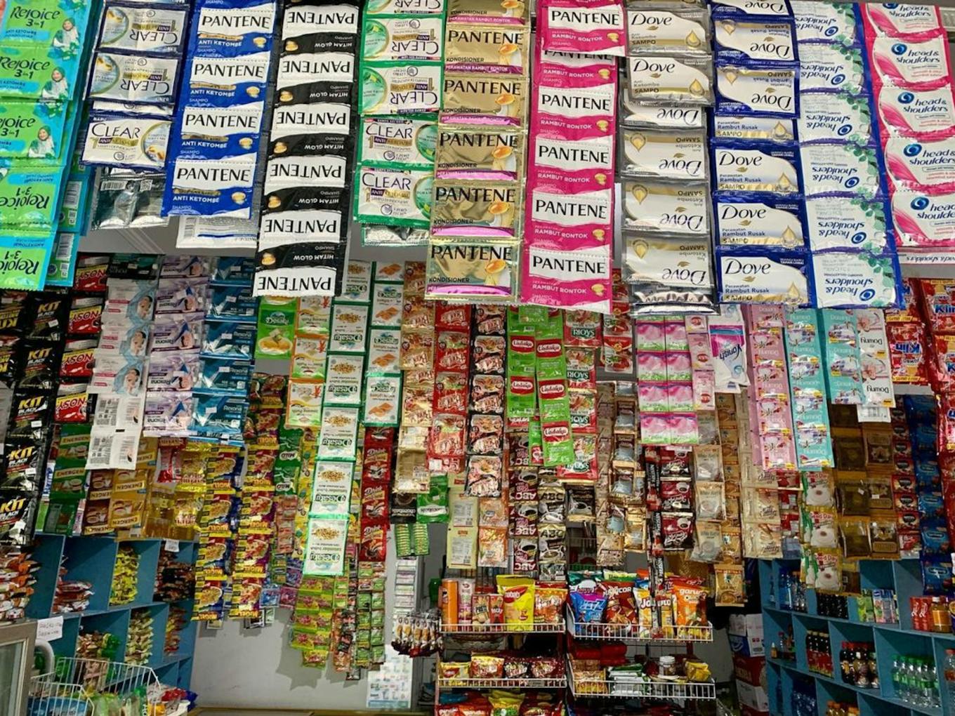 Single-use plastic sachets for sale in a shop in Indonesia