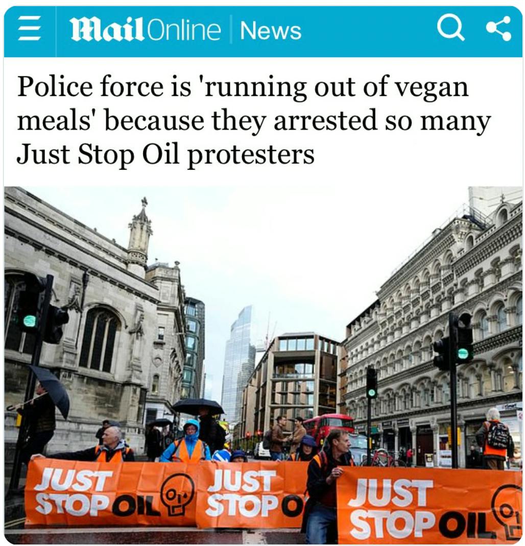 Police running out of vegan meals: story in the Mail Online