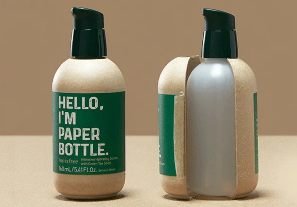 Korean cosmetics brand inscribed "Hello, I‘m Paper Bottle” on the side of a bottle that had a plastic lining.