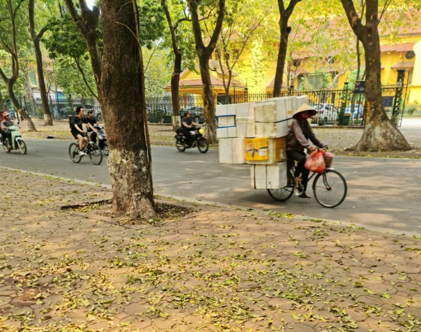 A waste worker cruises down a Hanoi street on her bicycle