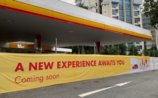A Shell petrol station undergoing renovation in Singapore.