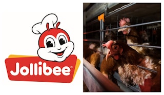 Factory hens on the production line/Jollibee logo