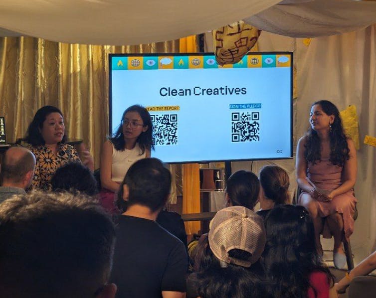 Meiling Wong (left), chief executive of Milk &amp; Honey PR, one of the few agencies in Asia to have taken the Clean Creatives pledge to stop working for fossil fuels brands, speaking on a panel with Qiyun Woo (centre), and Nayantara Dutta