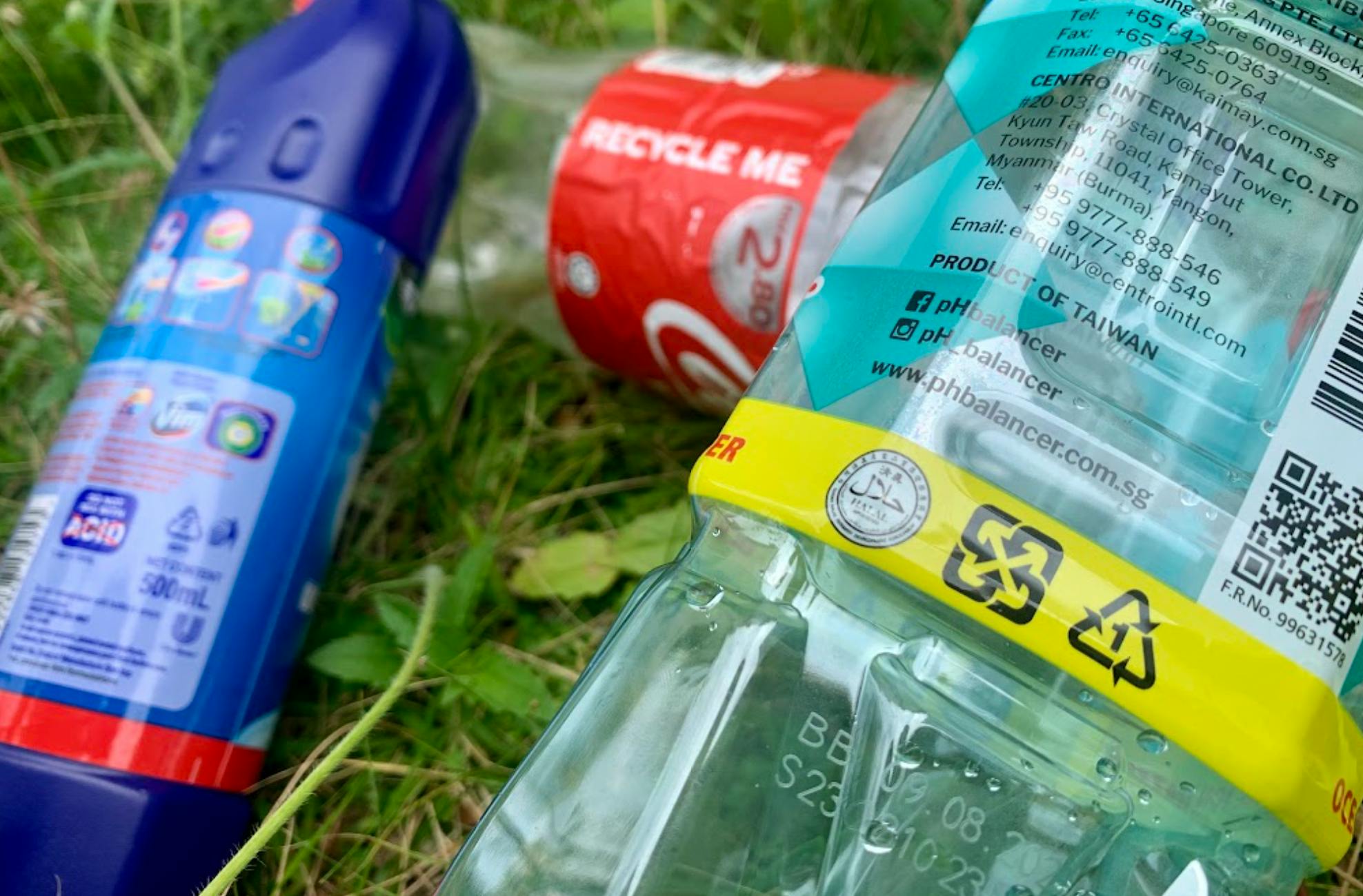 Packaging for Taiwanese bottled water brand pH Balancer bears the plastic resin identification code for PET. Though the circular recycling symbol implies recyclability, it actually refers to the type of plastic used. Only 81 per cent of PET is recycled globally.