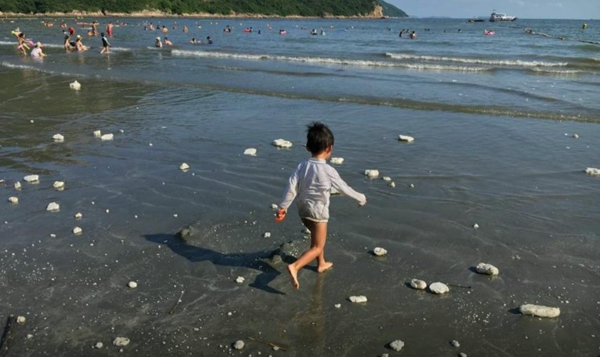 Palm oil bergs litter a beach in Hong Kong