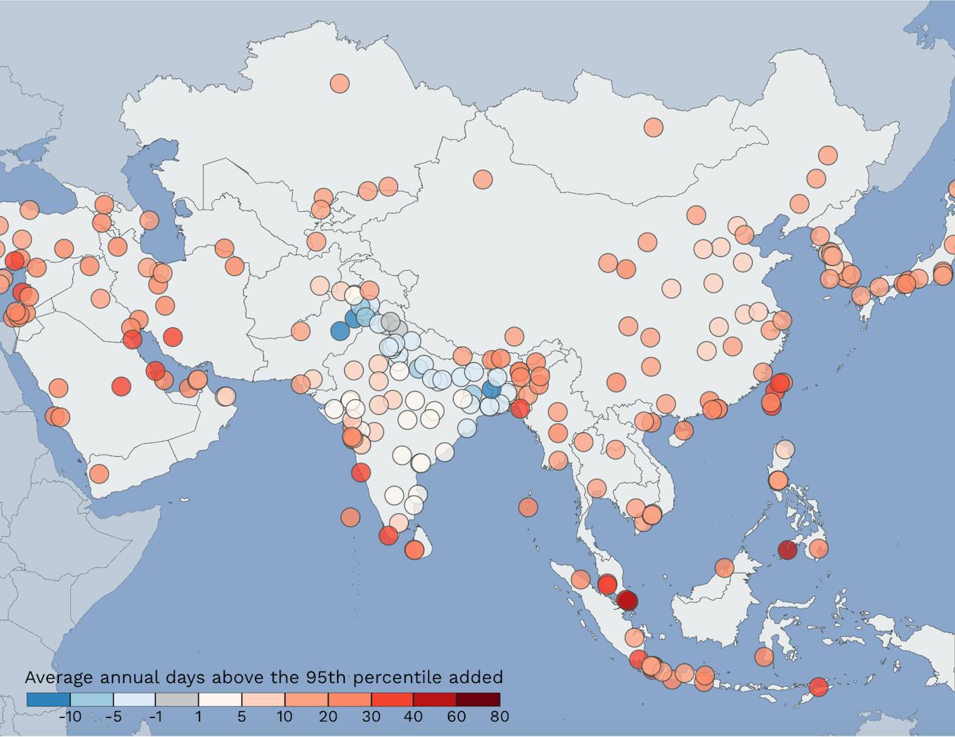Pregnancy heat-risk days added by climate change, by city.