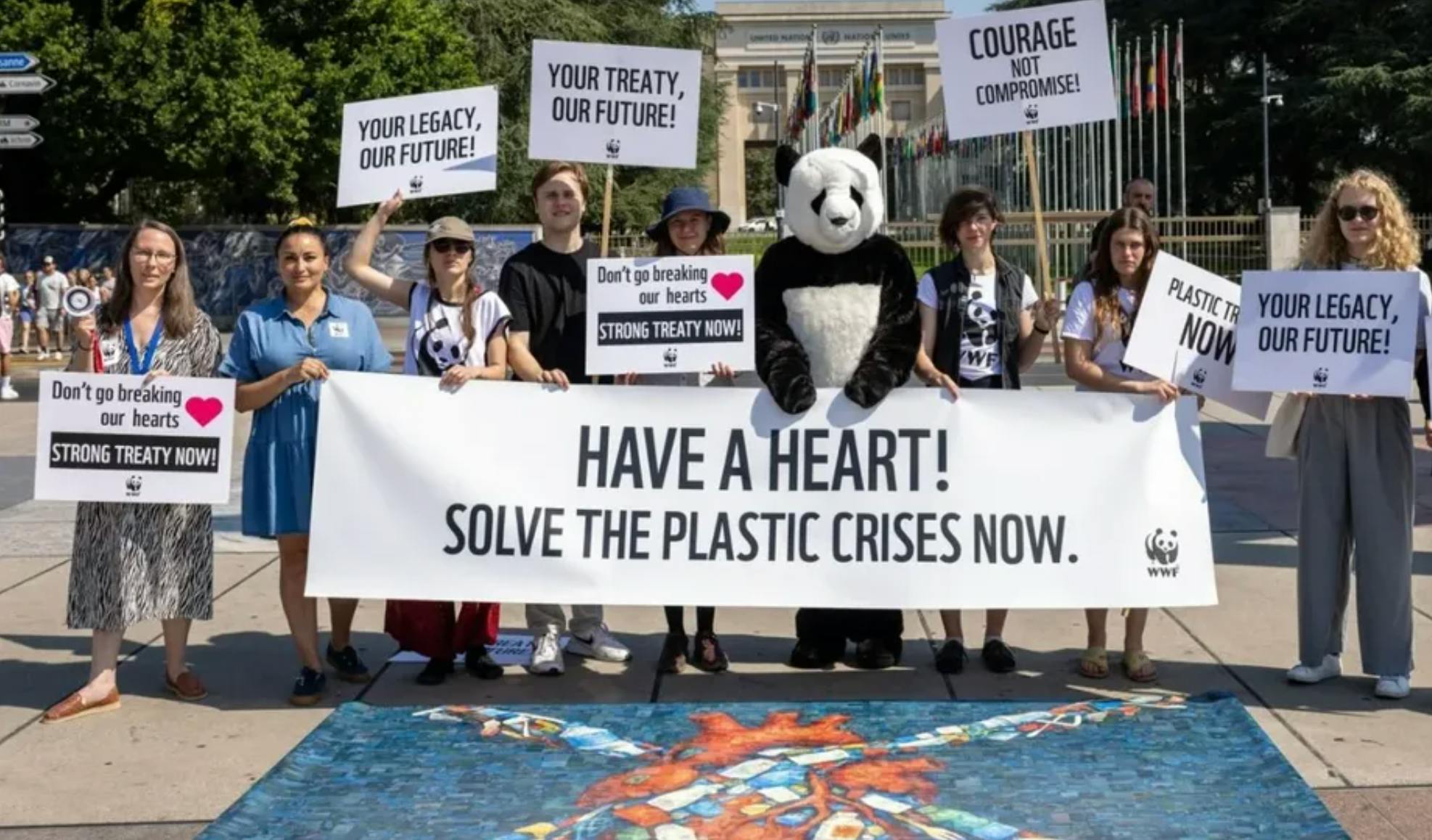 WWF campaigners at the recent plastic treaty talks in Geneva.