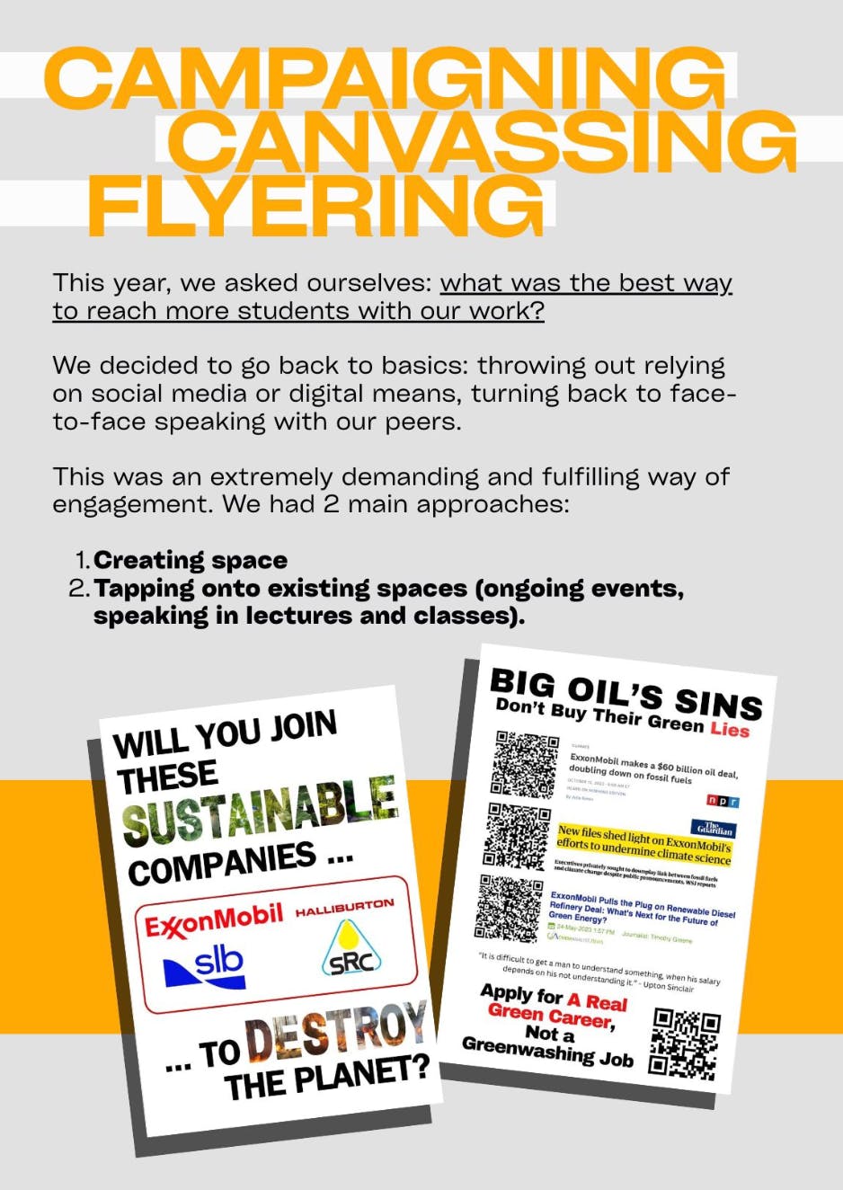 As part of their outreach efforts, S4F distributed flyers to share information on the divestment movement and how fossil fuel companies influence higher education in Singapore. Source: S4F Impact Report