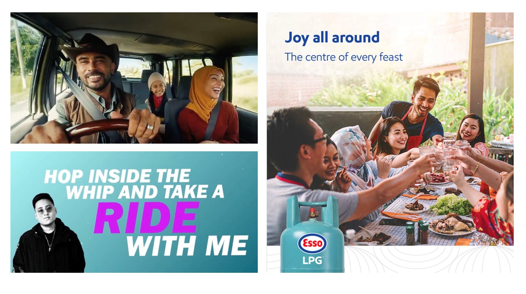 Advertising campaigns from top left, clockwise, Shell, Esso (ExxonMobil) and Caltex (Chevron)