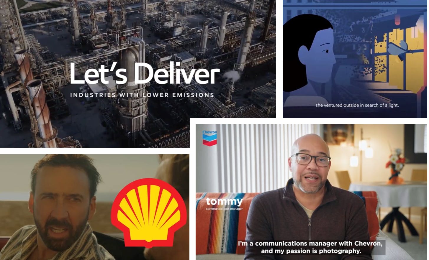 Advertising campaigns for (from top left, clockwise) ExxonMobil global, ExxonMobil in India, Chevron and Shell